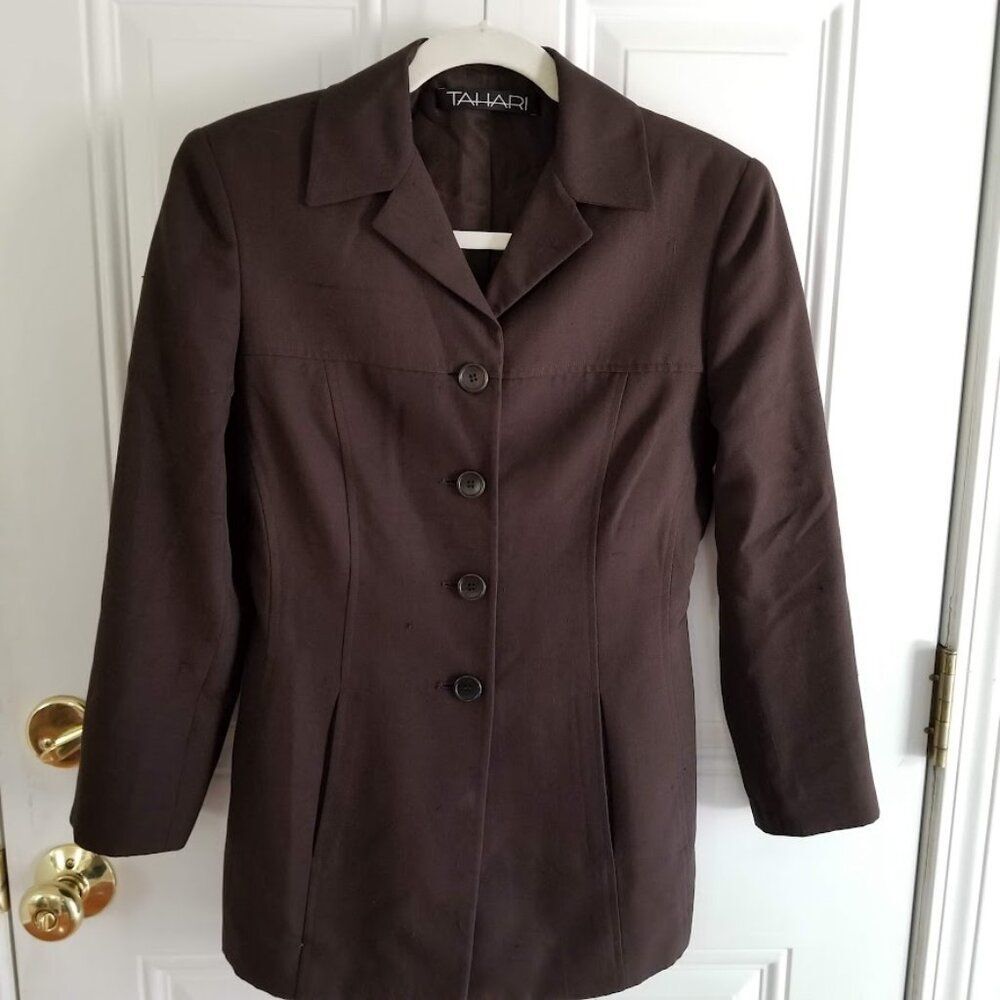 Tahari 100% Silk Jacket Brown Classic Blazer Sz 4 Small